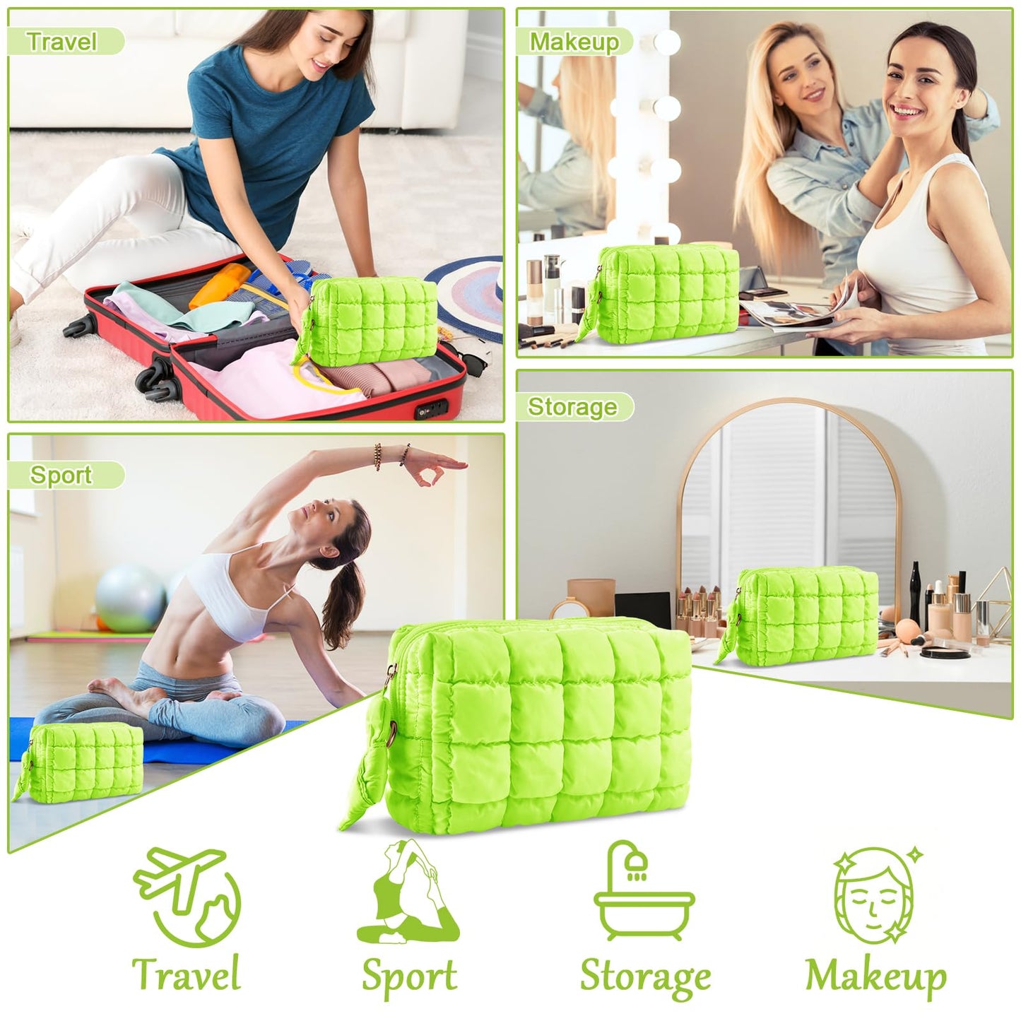 Puffer Quilted Makeup Bag Cosmetic Bags,Puffy Travel Toiletry Pouch for Women,Cute Checkered Zipper Bag Travel Essential,Portable Aesthetic Make up Organizer Bag for Gifts Work Daily(LightGreen,M)