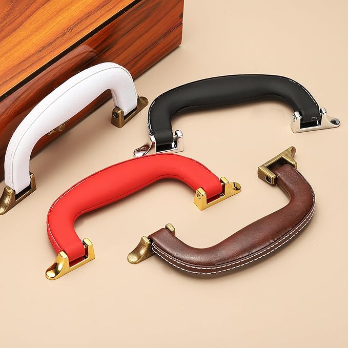 uxcell 4 Pcs PU Leather Luggage Handle, 0.9" Hole Distance Vintage U-Shape Replacement Strap Handle for Travel Handbag Guitar Musical Box Gift Boxes, White/Bronze