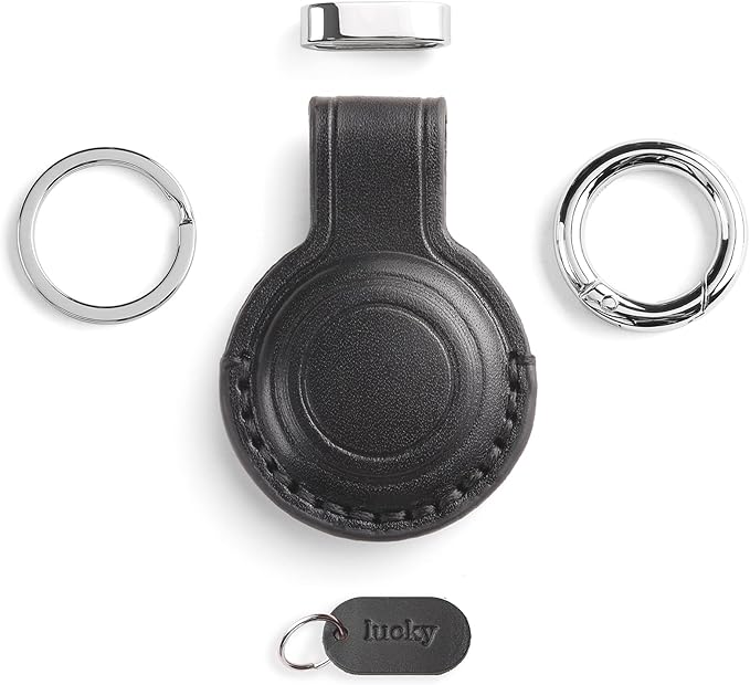 Genuine Leather Keychain Holder Compatible with AirTag - Secure Case Cover Key Ring Chain Fob Accessories Intended for Air Tag - Black (2 Pack)