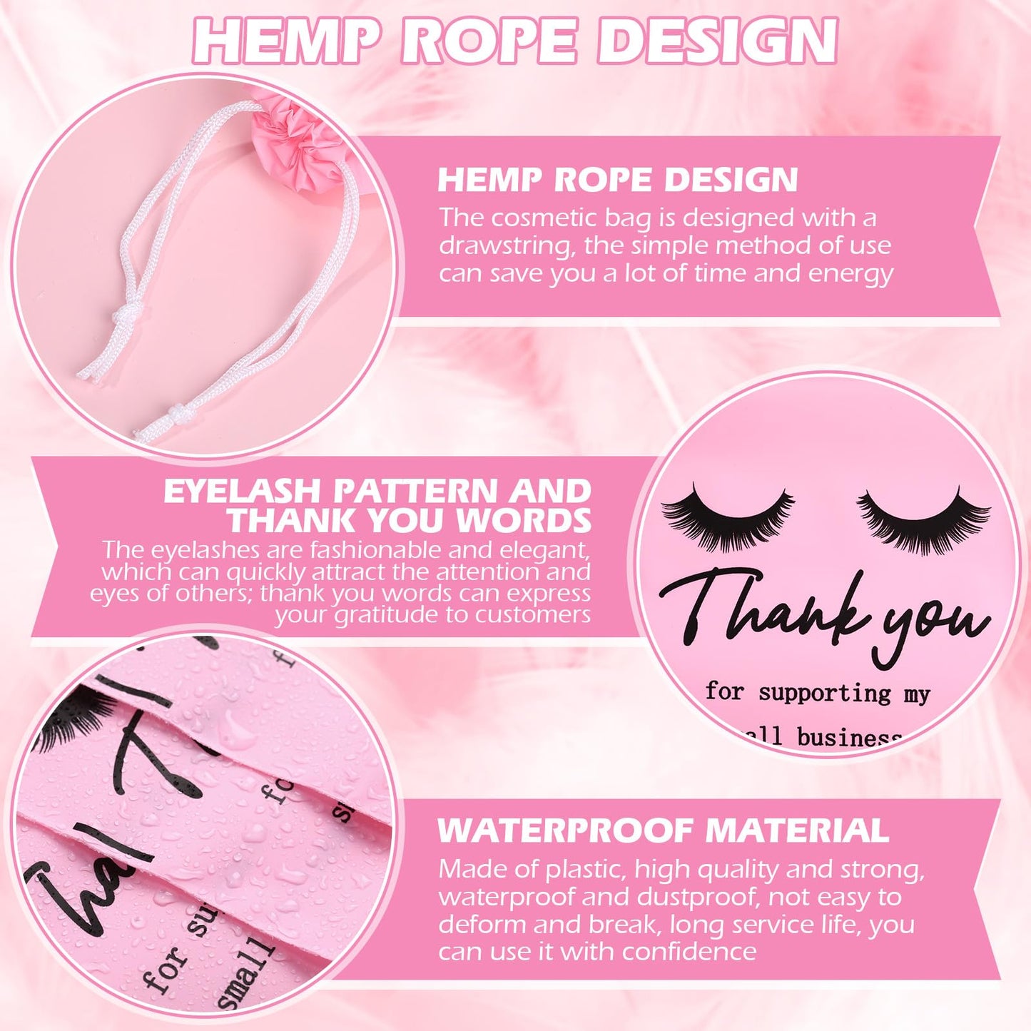 Abbylike 100 Pcs Thank You Bags for Small Business, Eyelash Aftercare Lash Bags Drawstring Makeup Pouch Eye Lash Print Cosmetic Sample Bag for Clients Women, 4x6 in(Pink)