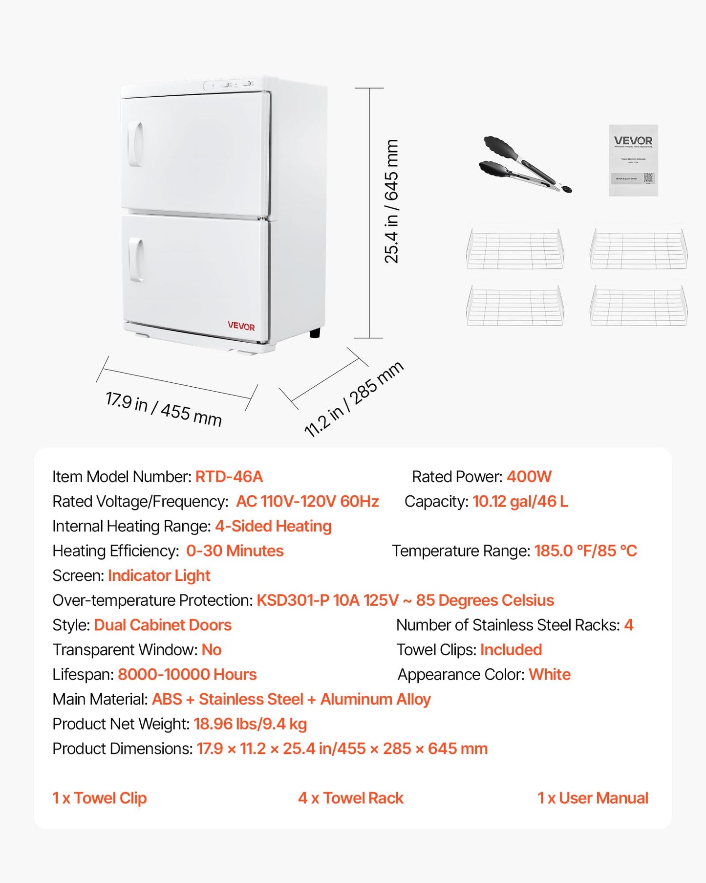 VEVOR Hot Towel Warmer, 46L Large Capacity 2-Tier Towel Warmer Cabinet with Clip & 4 Stainless Steel Racks, Holds up 48 Towels, All-Round Heating Cabinet for Spa, Barber, Manicures, Massage, Salon