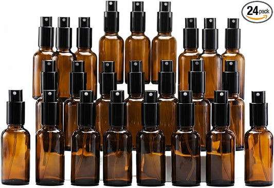 YIZHAO Amber Glass Spray Bottles 1oz, with Small Fine Mist Spray, Metal Cap, Refillable for Essential Oil,Travel,Cleaning,Perfume,Aromatherapy,Makeup – 24 Pcs