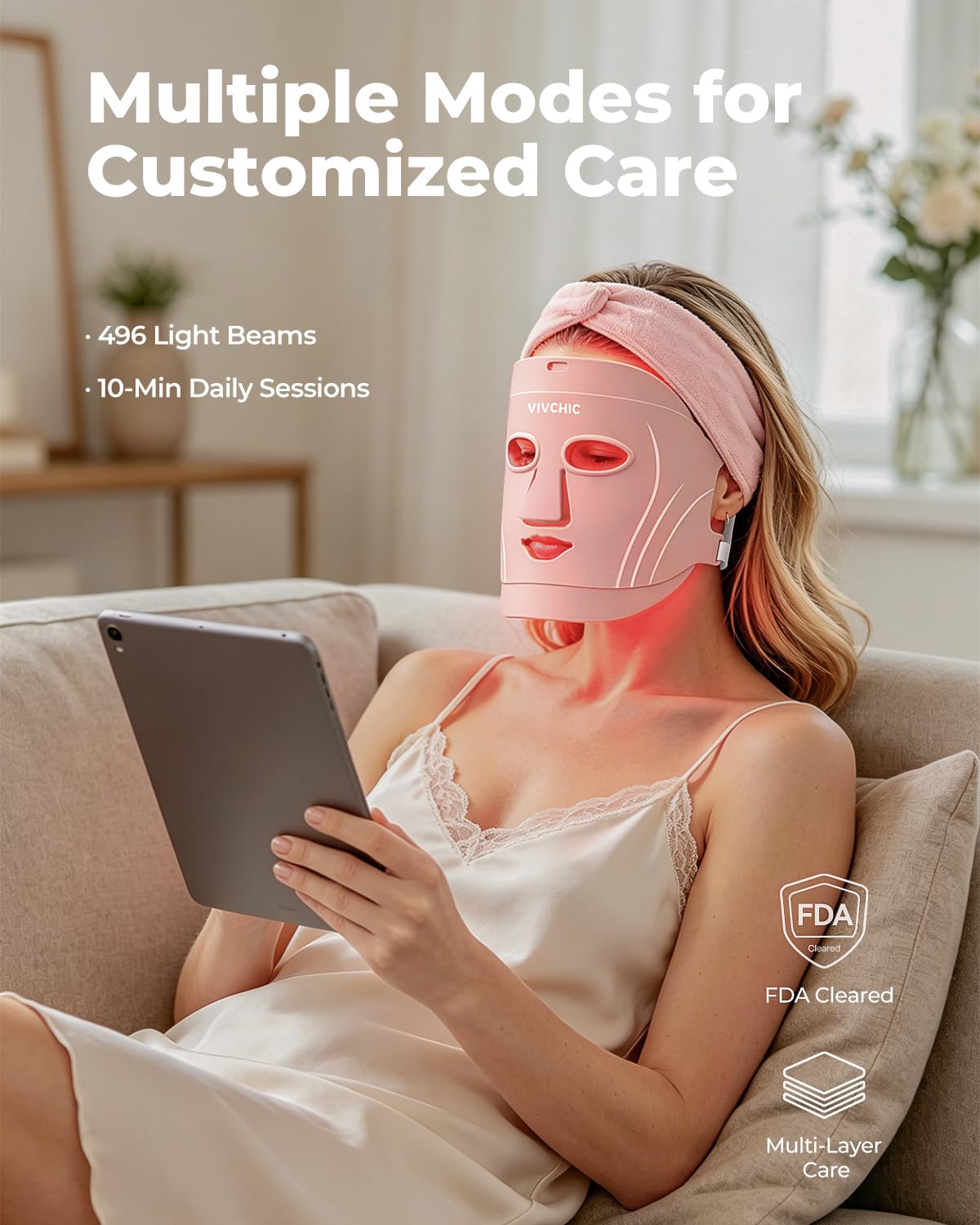 VIVCHIC LED Face Mask, FDA Cleared Red Light Therapy Mask with 62 LEDs & 496 Light Beams for Full Face Coverage, 630nm Red & 850nm Near Infrared Light, Anti Aging Skin Care Device