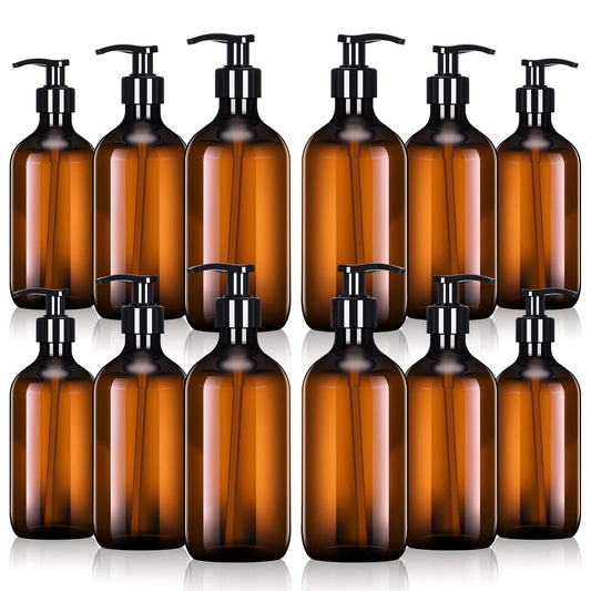 Tessco for you 12 Pack Amber Soap Dispenser Empty Plastic Pump Bottles Dispenser Refillable Shampoo for Hand Sanitizer Soap Cosmetic Lotion Body Wash Conditioner Bathroom Kitchen Travel (16.9 Oz)