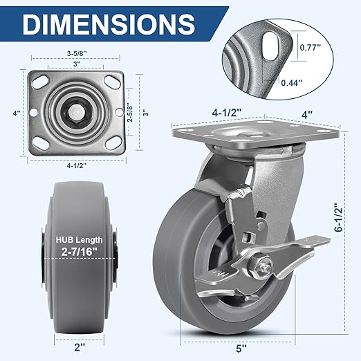 5"x2" Rubber Wheels (Flat Tread)- Heavy Duty Casters, Industrial Caster Wheels- Set of 4 with up to 3200 LB Capacity- Use for Dollies, Workbench(2 Brake &2 Swivel)