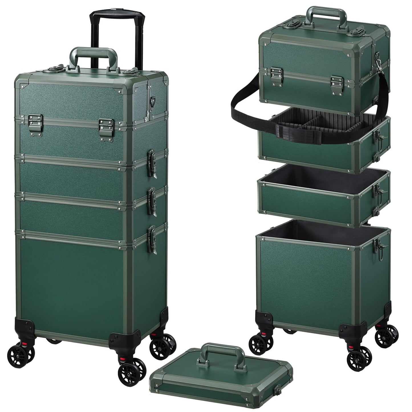 Rolling Makeup Case Makeup Train Case with Lid 5 in 1 Cosmetology Case on Wheels Cosmetic Trolley Organizer Large Makeup Organizers Case Profesional Cosmetic Case for Salon Barber Nail Beauty, Green