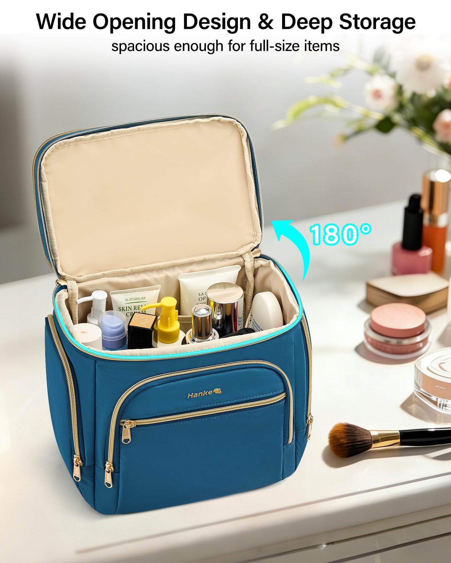Hanke Large Toiletry Bag for Women Travel, Double Layer Organizer with Wide Opening for Full-Size Cosmetics & Toiletries, 12.2L Water-Resistant Makeup Bag,Navy Blue