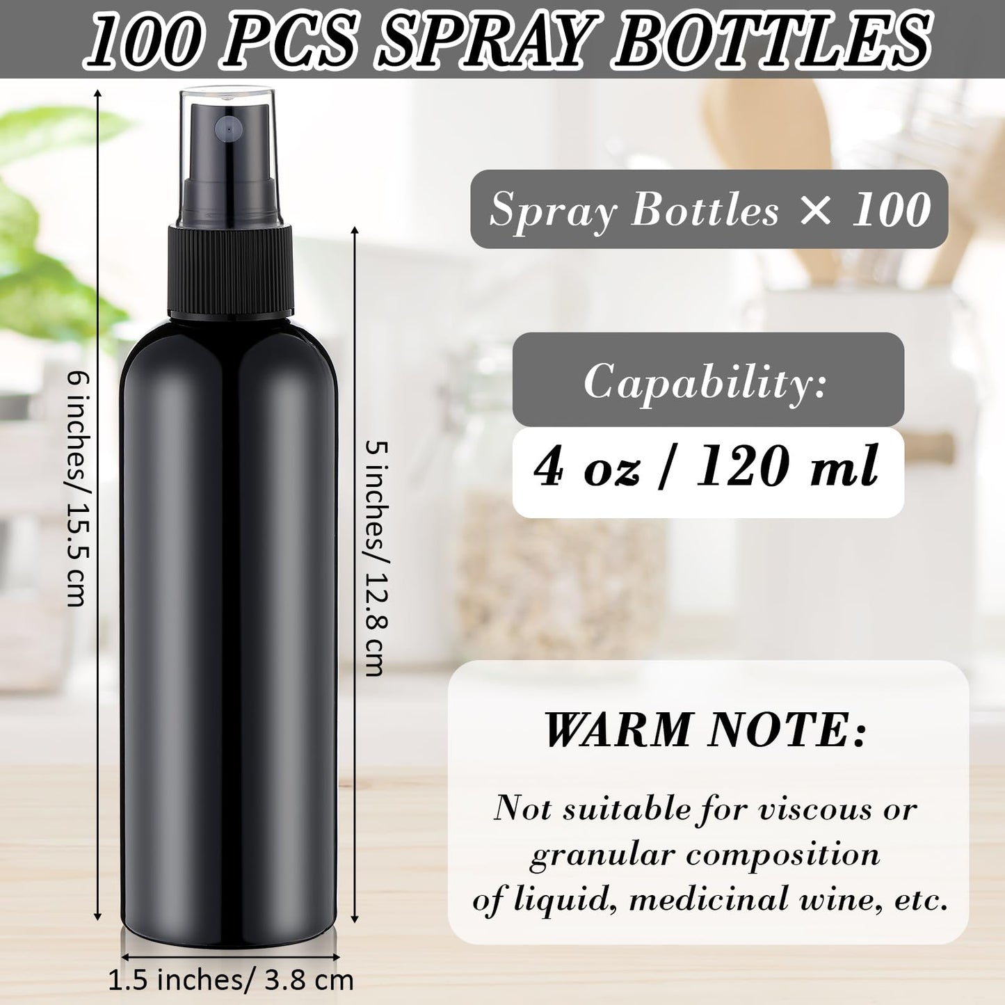 Kigley 100 Pcs Small Spray Bottle Bulk 4 oz Plastic Empty Mist Spray Bottles for Essential Oils Fine Mist Sprayer Reusable Refillable Portable Travel Containers for Perfume Cleaning Samples(Black)