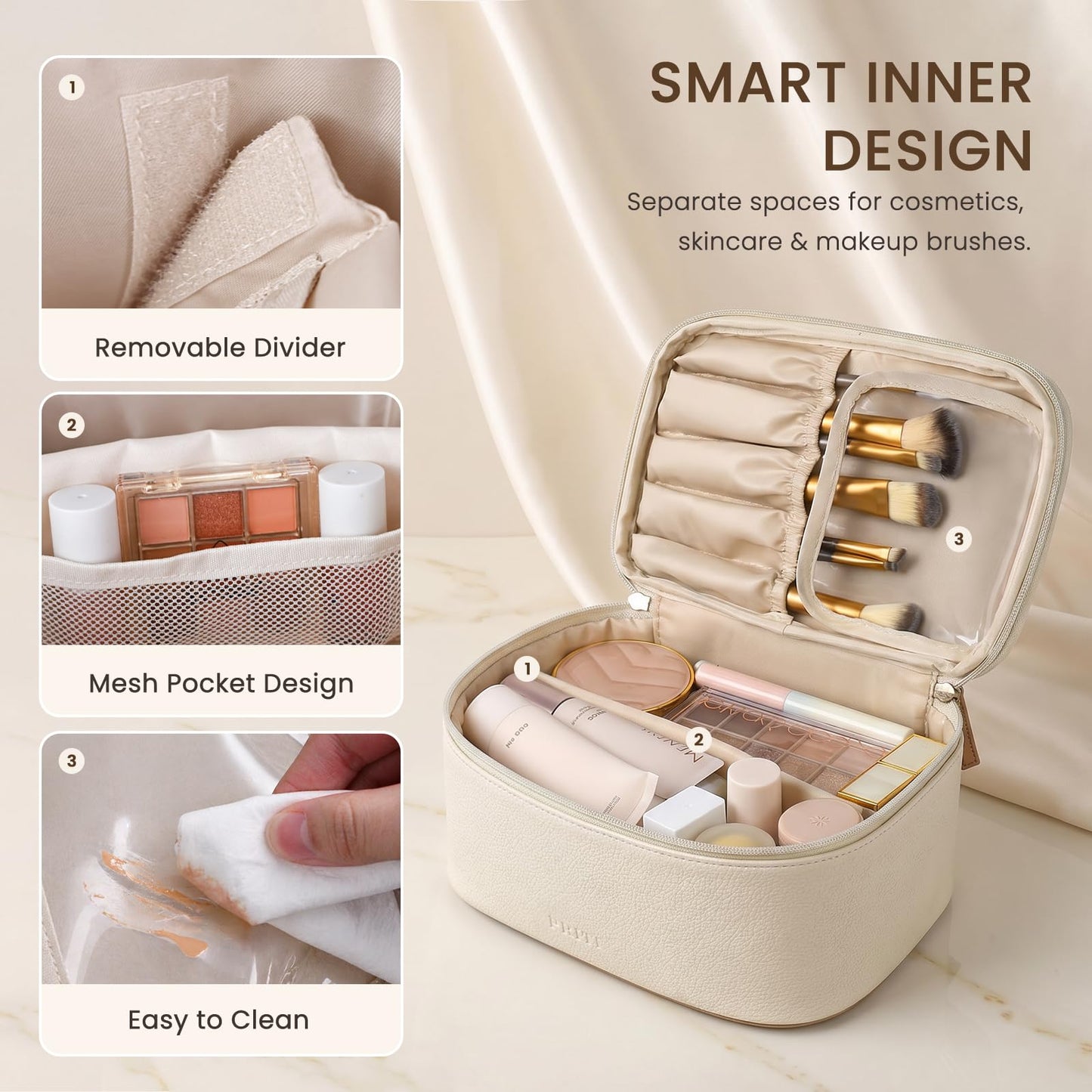 Prite 2 Pcs Makeup Bag Set Travel Cosmetic Case 2-Layer Vegan Leather Jewelry Organizer with Waterproof Clear Toiletry Bag for Women