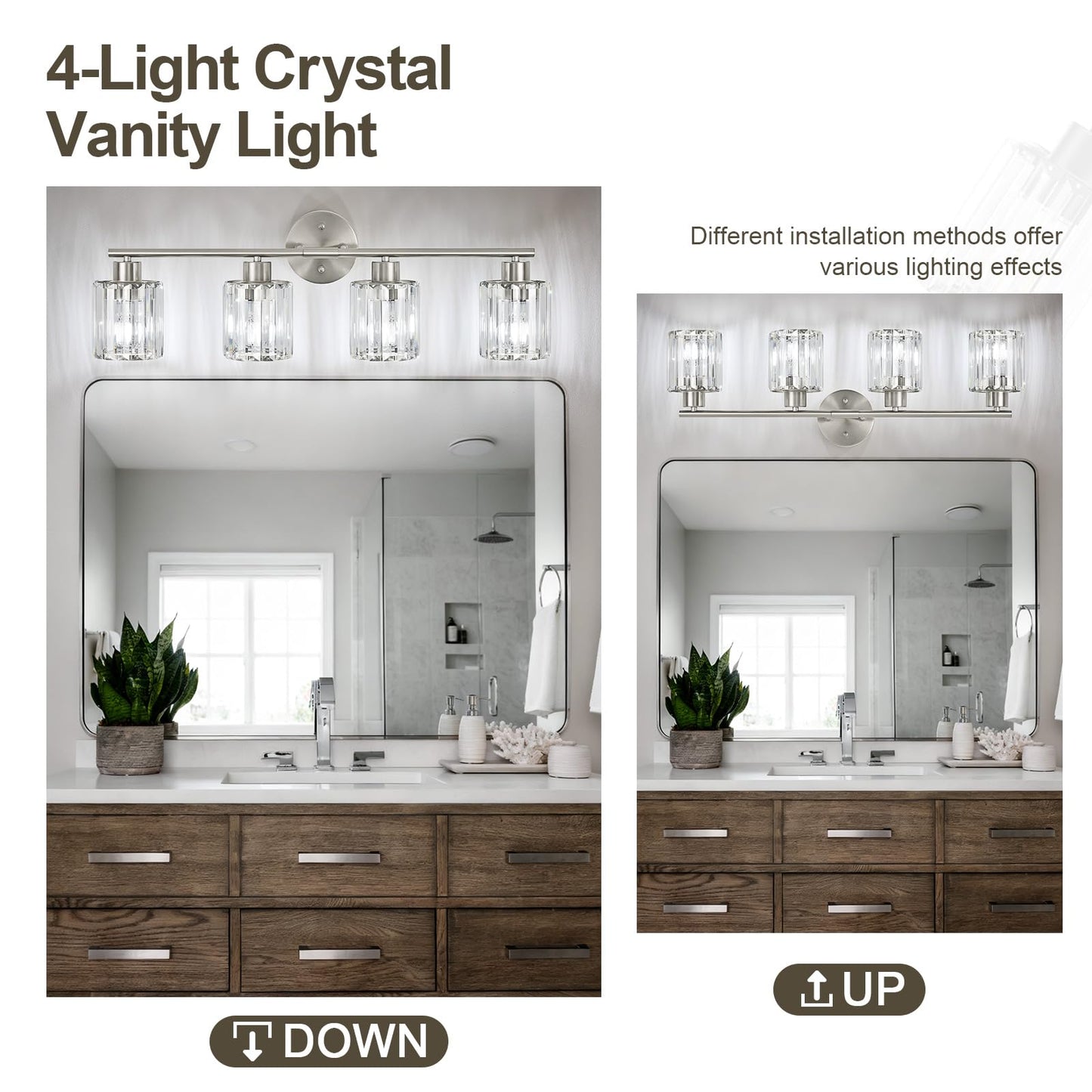 Kvhiiw Crystal Bathroom Light Fixtures, Bathroom Lighting Fixtures Over Mirror, Modern 4-Light Brushed Nickel Vanity Lights for Mirror, Restroom, Kitchen(Ceramic E26 Socket,Bulbs Not Include)