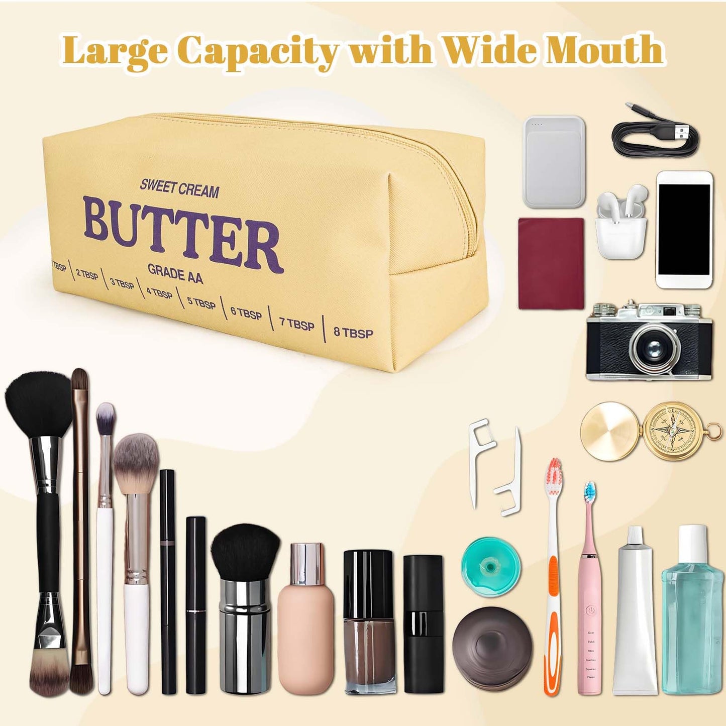 dadop Yellow Cute Makeup Bag Travel Cosmetic Bags, Funny Butter Toiletry Bags Make Up Unique Pouch Bag Leather With Zipper For Girls Boys Women Butter Lover prank Gifts
