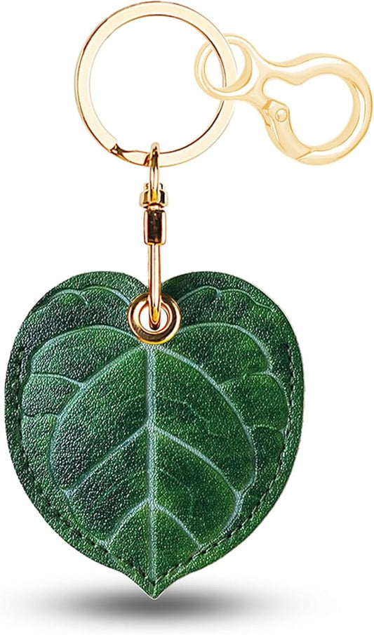 Leather Keychain for Airtag, Cute Protective Keychain Holder Compatible with Apple Air Tag,GPS Item Tracker Case Cover for Keys,Bags,Pets,Luggage(Leaf)