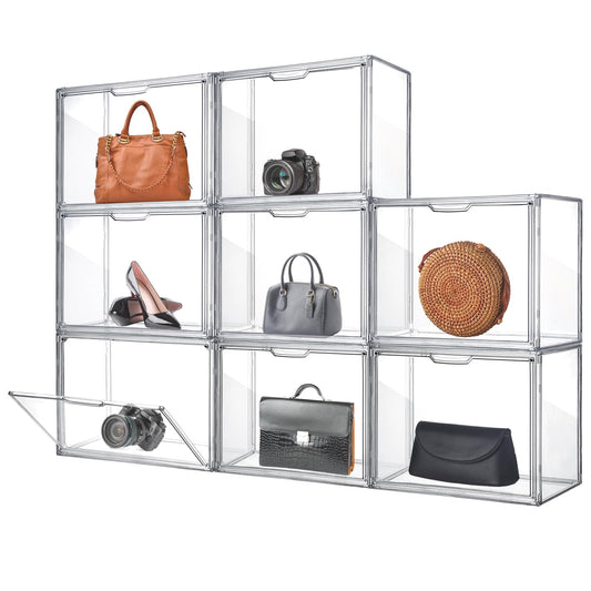 Geetery 8 Pack Purse Organizer for Closet Clear Large Acrylic Display Case Handbag Purse Storage Box with Magnetic Door Plastic Stackable Storage Bin for Collectibles Book Figure Backpack