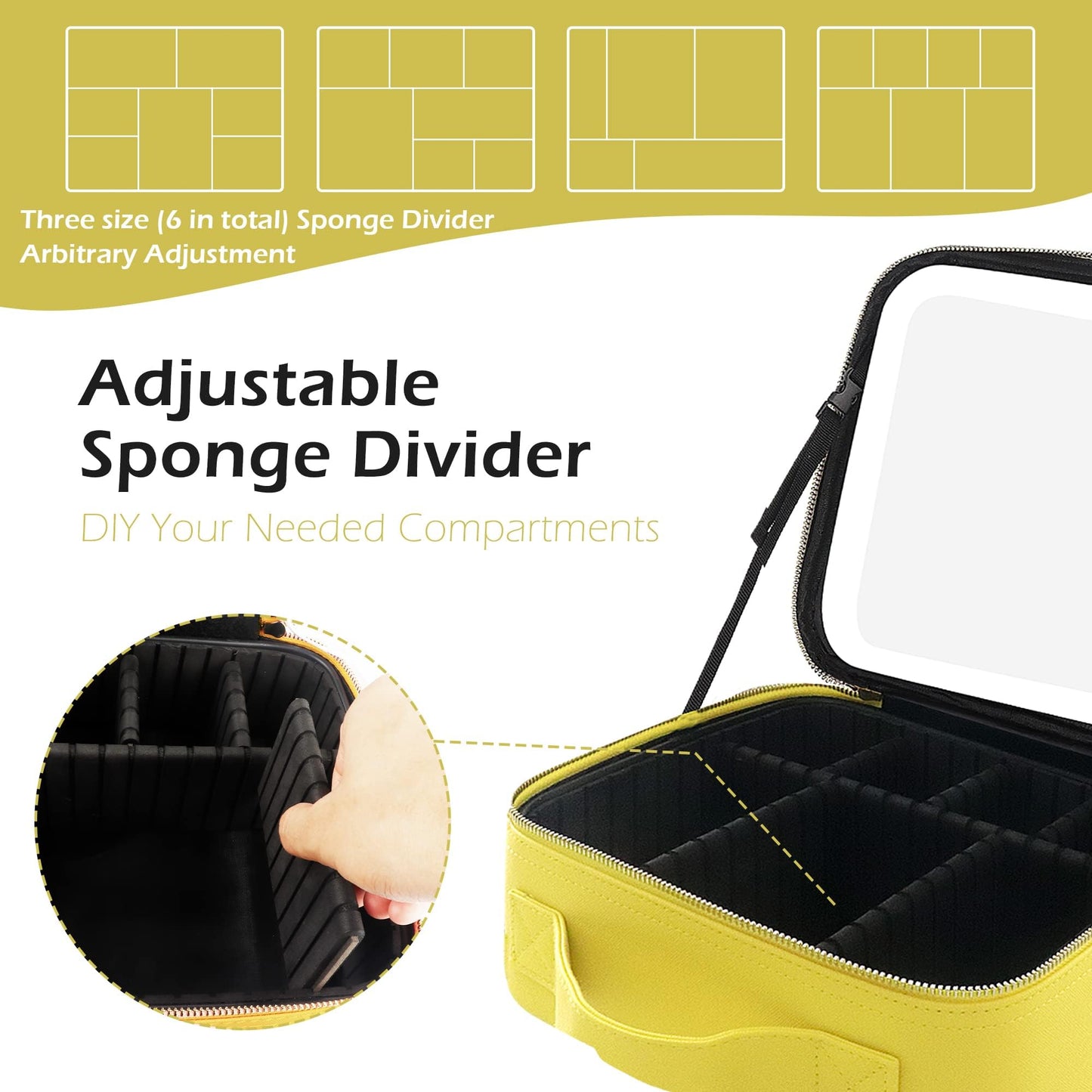 MOMIRA Travel Makeup Bag Cosmetic Bag Makeup Organizer Bag with Lighted Mirror, Adjustable Brightness in 3 Color Scenarios, Waterproof Makeup Train Case, Gift for Women - Yellow