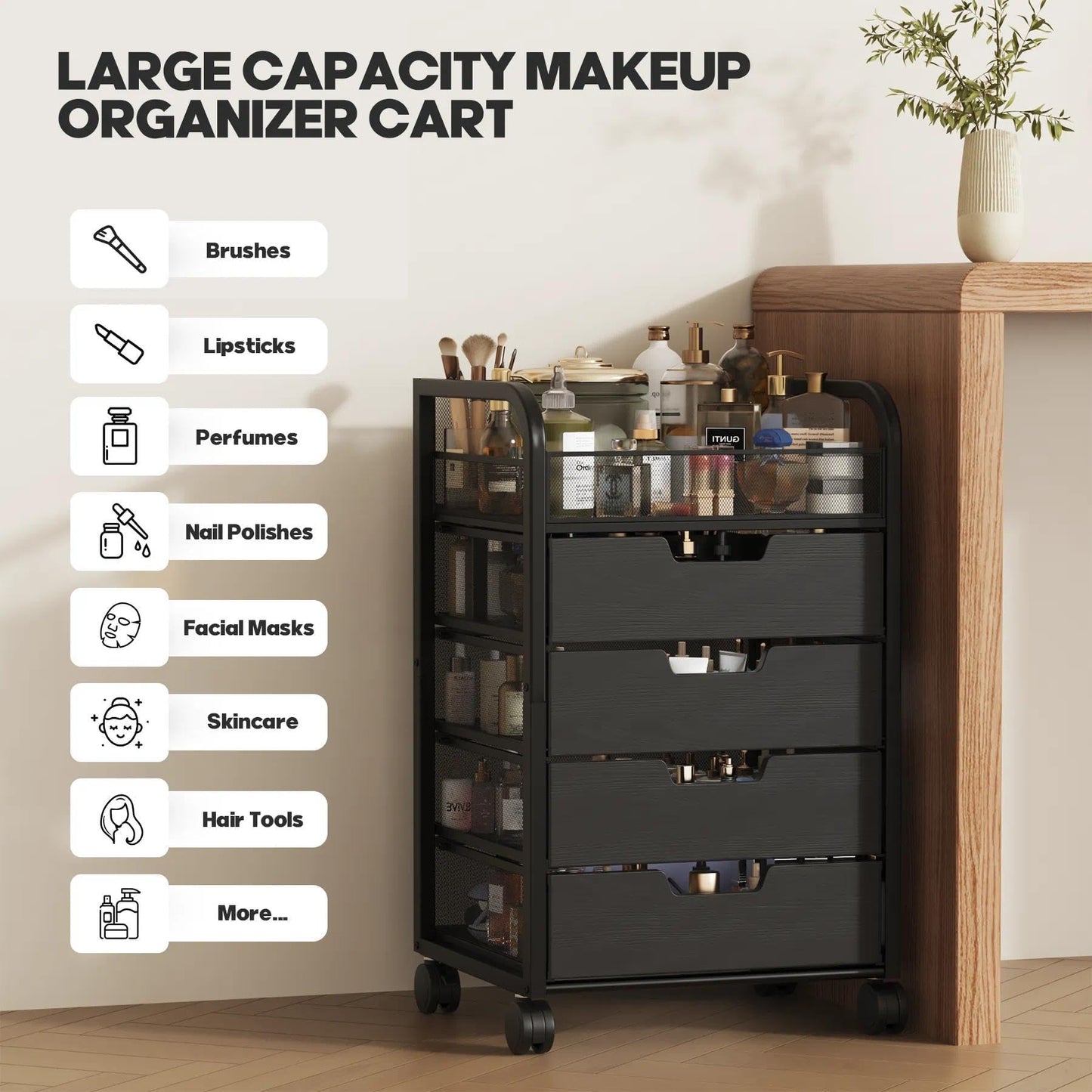 SEFILENCE Makeup Organizer Cart with 4 Drawers, Vanity Storage Drawer Carts with Dividers, Nail Cart Organizer Cosmetic Display Cases Cabinet for Skin Care, Nail Polish, Perfume, Black