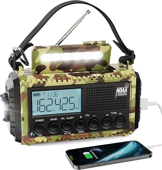 Raynic Weather Radio, 12000mAh Hand Crank Emergency Radio, 6 Ways Powered AM/FM/SW/NOAA Weather Alert Radio with Flashlight, Cell Phone Charger and SOS Siren for Power Outages (Camo-Green-LCD Display)