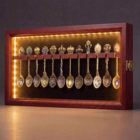 Sliner Decorative Spoon Rack Display Case Hold 12 Spoons with LED Lights Lockable Wall Mount Holder Organizer for Collection, Cherry Wood