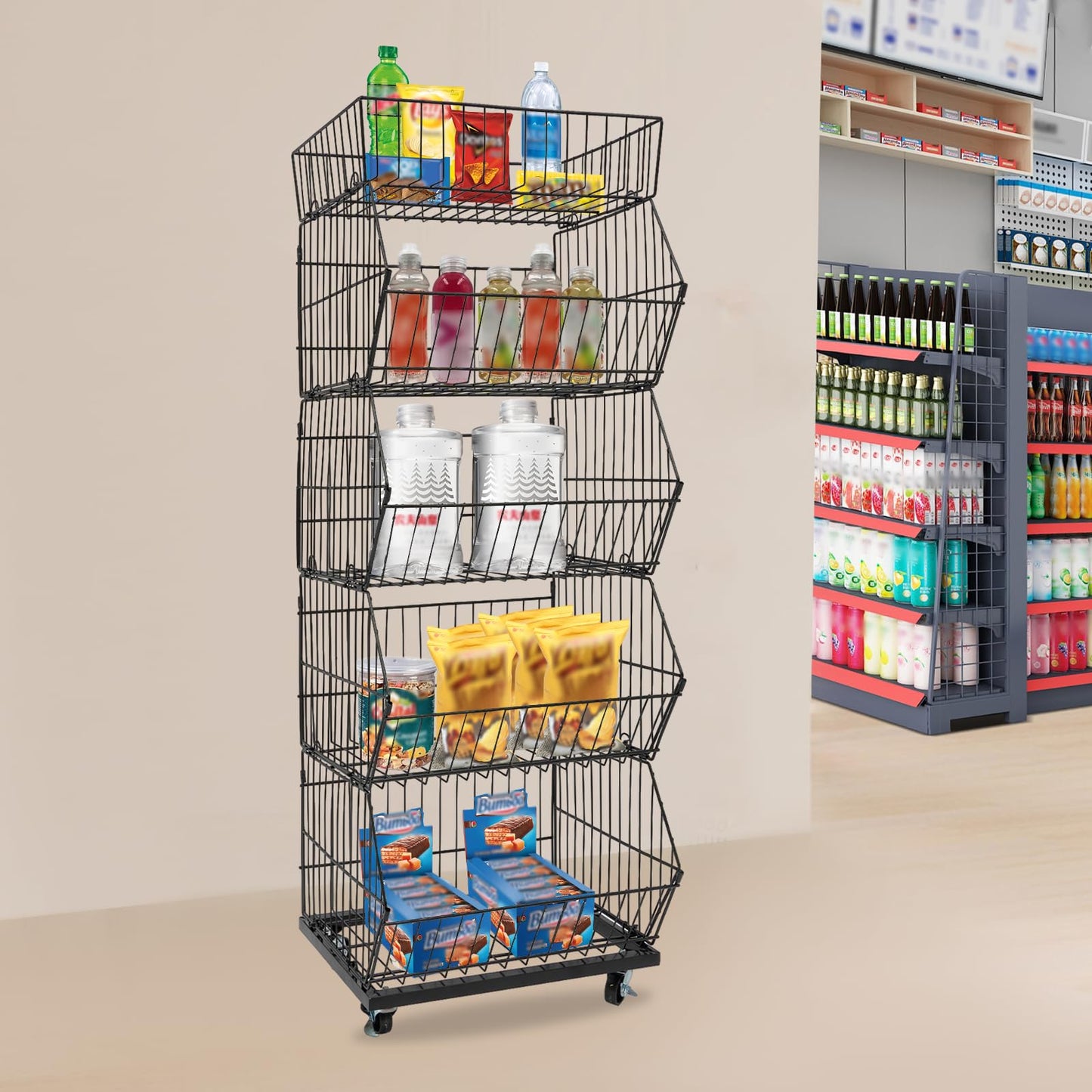 Retail Display Rack, 5-Tier Market Shelf with Wheels Metal Fruit Storage Shelf Vegetable Snack Basket Supermarket Retail Rack Display Stand for Supermarkets Stores Bars 18.9*17.72*55.12in Black