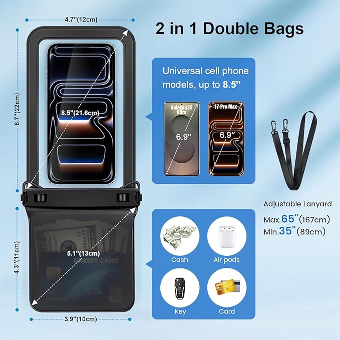Waterproof Phone Pouch, [Up to 8.5''] Double Space Waterproof Phone Case with Lanyard for iPhone 17 16 15 Pro Max Galaxy S25 Ultra, Cellphone Dry Bag for Beach Vacation, 2 Pack (Black & Light Pink)