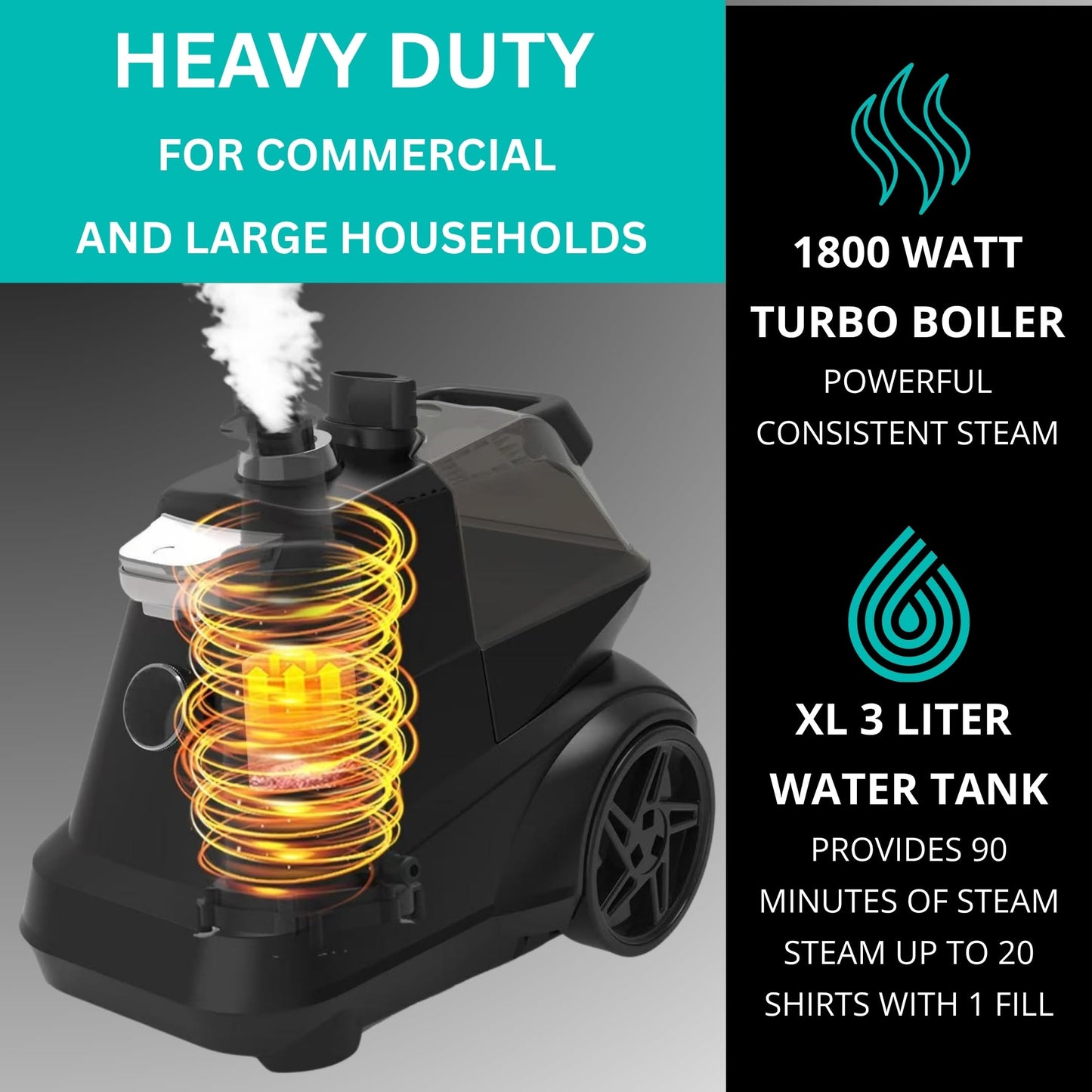 True & Tidy® Heavy-Duty Commercial Industrial Standing Garment Steamer for Clothes, 1800 watts, XL 3L water tank 90+ mins of Steam 3 Steam Settings, Step On/Off Control, Wheels for Easy Movement