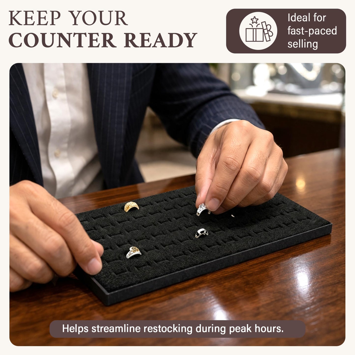 RJ Displays 72 Slot Black Ring Display Inserts for standard Jewelry tray size 14 1/4" x 7 3/4" x 1/2" Inch for Showcase, Counter top display. Micro Fiber polishing cloth included (Black, 2 Pack)