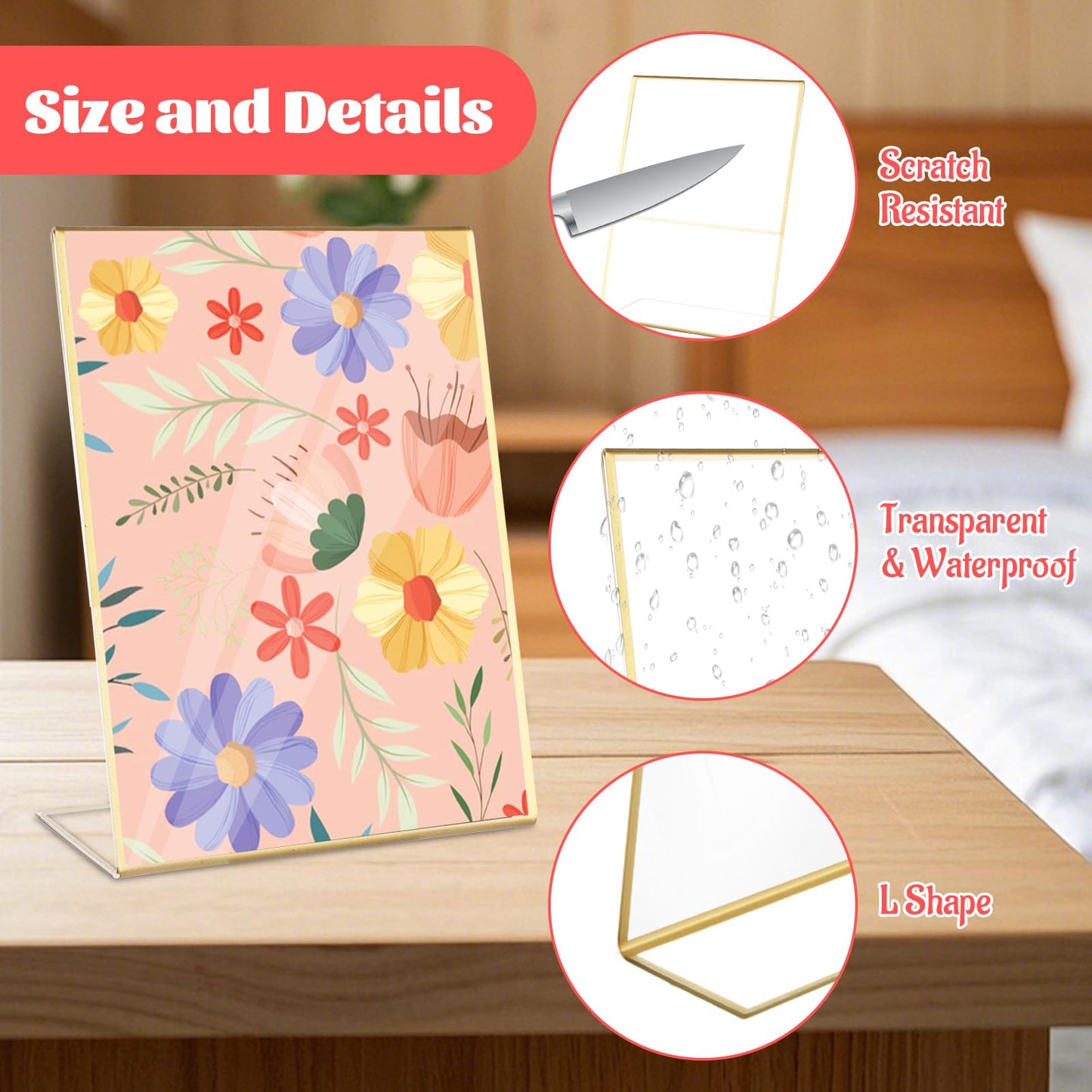 LISHINE 12 Pack Acrylic Sign Holder 8.5 x 11 Gold Vertical Plastic Sign Holder 8.5 x 11 Standing Clear Flyer Display Holder Menu Picture Paper Display Stand for Hotel, Office, Restaurant