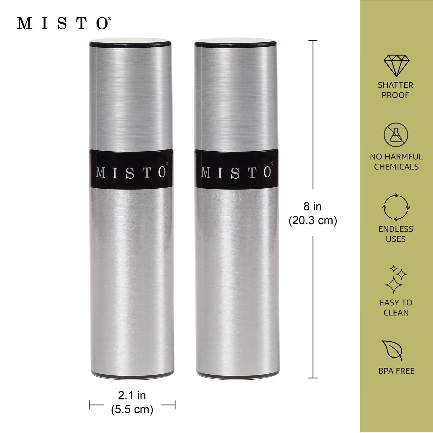 Misto Gourmet Olive Oil Sprayer Set of 2 Aluminum Bottles - Refillable Pump Mister for Cooking, Salads, Grilling - 3.2 oz Each, No Propellants