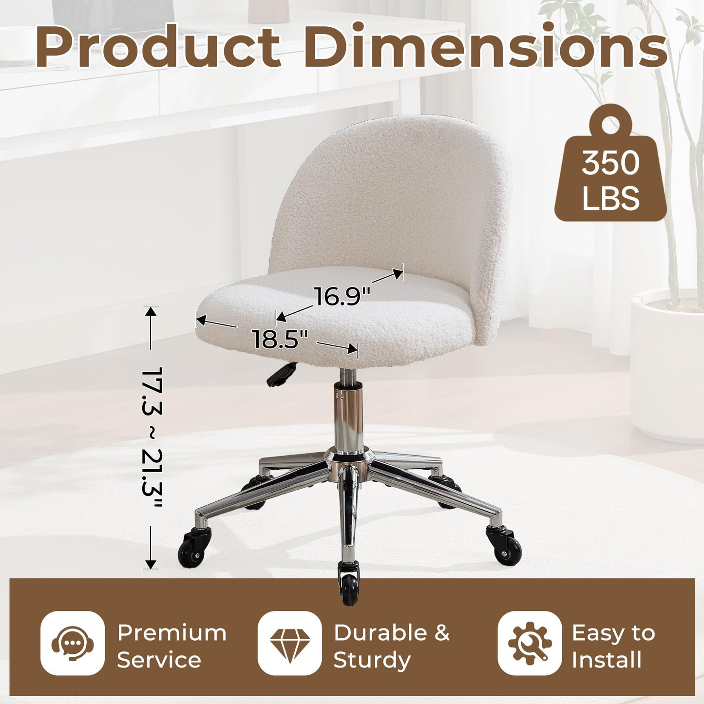 Forfutra Home Office Chair with Quiet Wheels - Armless Vanity Chair Vanity Stool, 360 Swivel Height Adjustable White