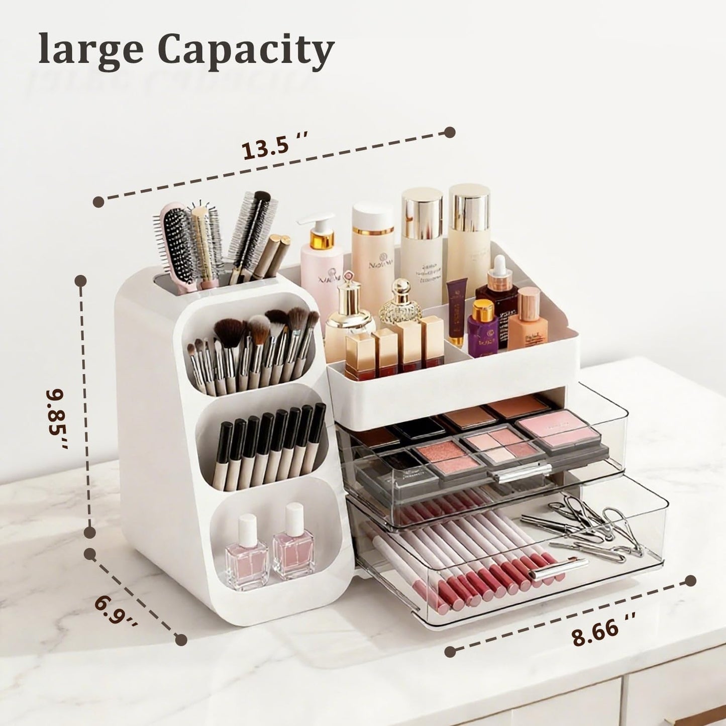 ShinyDew Bathroom Countertop Makeup Organizer with Brush Holder, Large Cosmetic make up storage organizers with 2 Drawers for Vanity Counter top, Makeup Caddy for skincare, lipsticks, hairbrush
