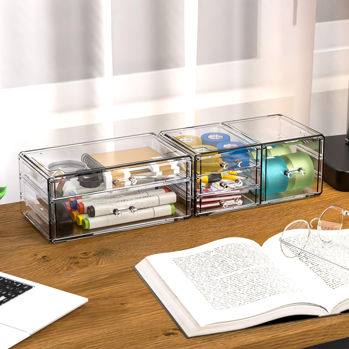 Cq acrylic 2 Pack Clear Desk Organizer With Drawers,Stackable 6 Drawers Skincare Organizer,Cute Skin Care Organizers for Vanity Hair Clip,Jewelry,Beauty Product Desk and Makeup Organizers Countertop