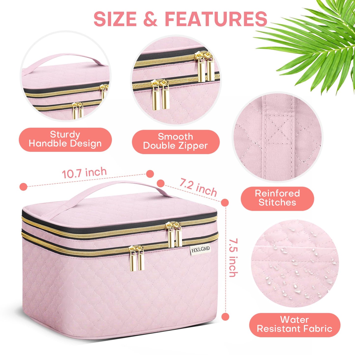 HXLGMD Large Makeup Bag with Mirror Double Layer Travel Make Up Organizer Case, Large Capacity Coemetic with Brush Slot Divider, Travel Toiletry Bag for Women (Pink)