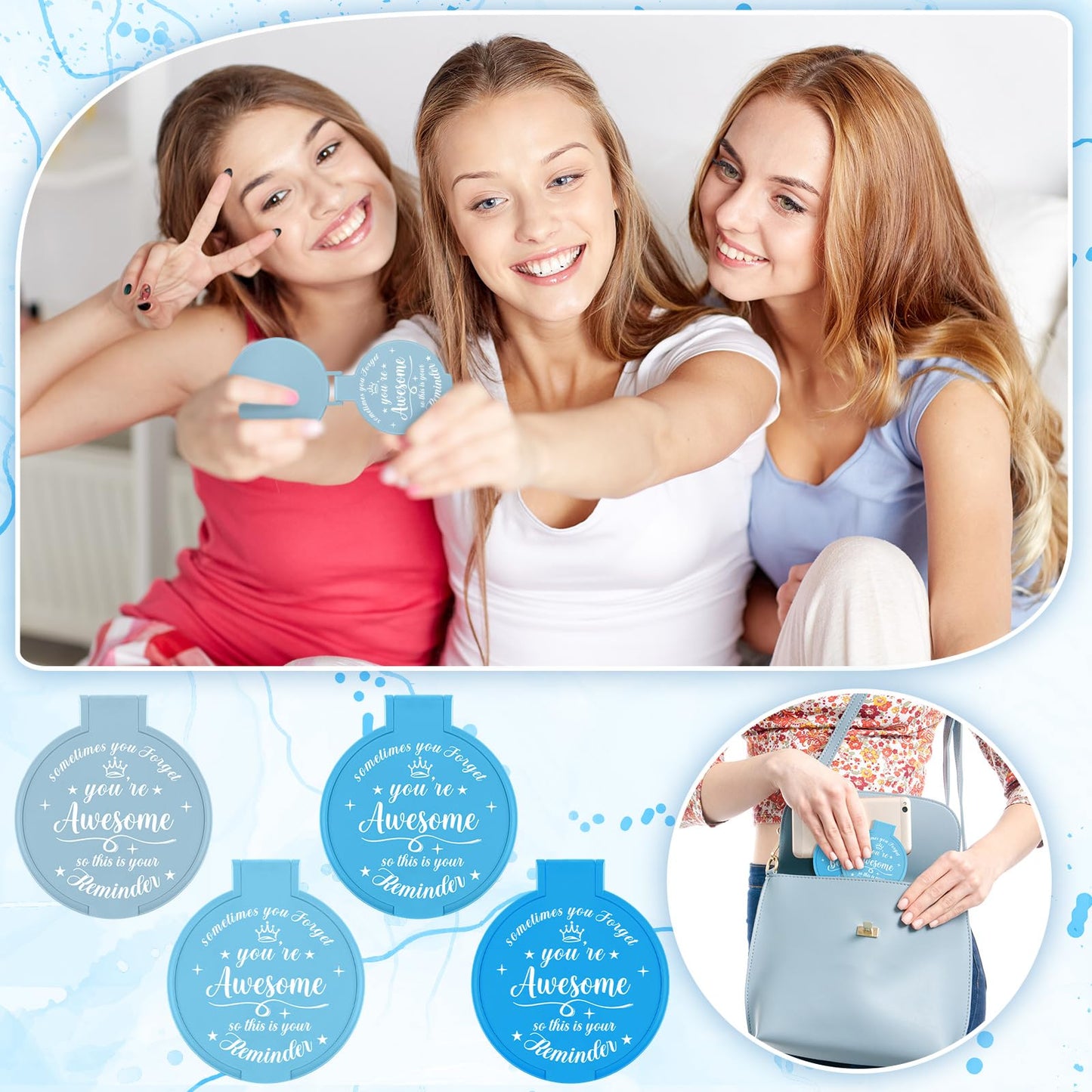 Gulfmew 100 Pcs 2.76 Inch Inspirational Compact Mirror Bulk Women Small Gifts Graduation Mothers Day Party Favors Purse Mirror Pocket Mini Items for Adult Coworker Cheerleader Swag Bag (Blue Series)