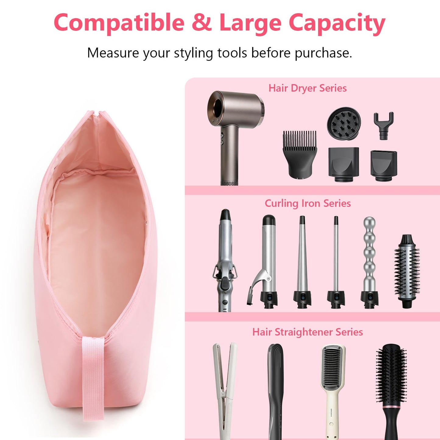 MOKURA Hair Tools Travel Bag with Heat Resistant Mat, Women Hot Hair Accessories Organizer Case, Storage Pouch for Curling Iron Straightener Flat Iron, Gifts for Women, Mon, Girlfriend, Pink