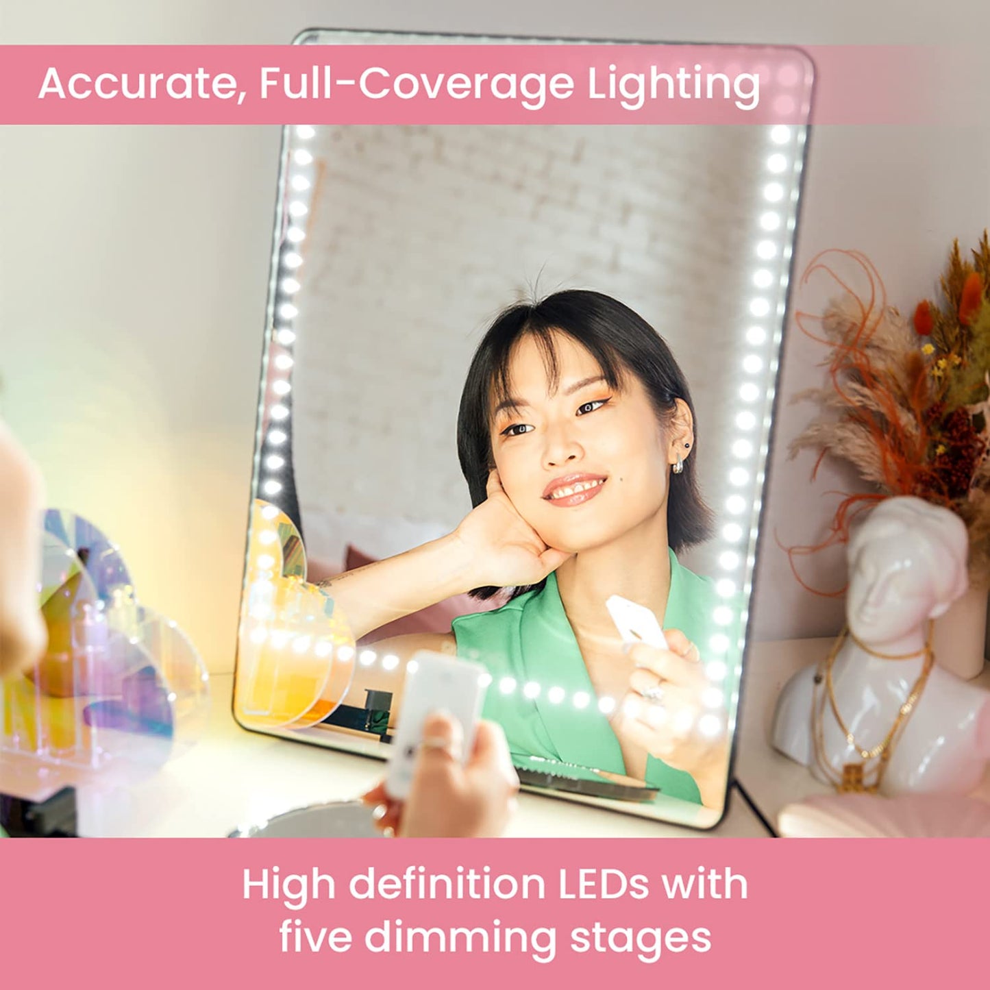 RIKI LOVES RIKI Pretty LED Makeup Mirror with Lights - Medium-Sized Lighted Makeup Mirror with 5X Magnifying Mirror, Smartphone Holder & Remote Control | Wall-Mountable, Bluetooth, & Selfie Function
