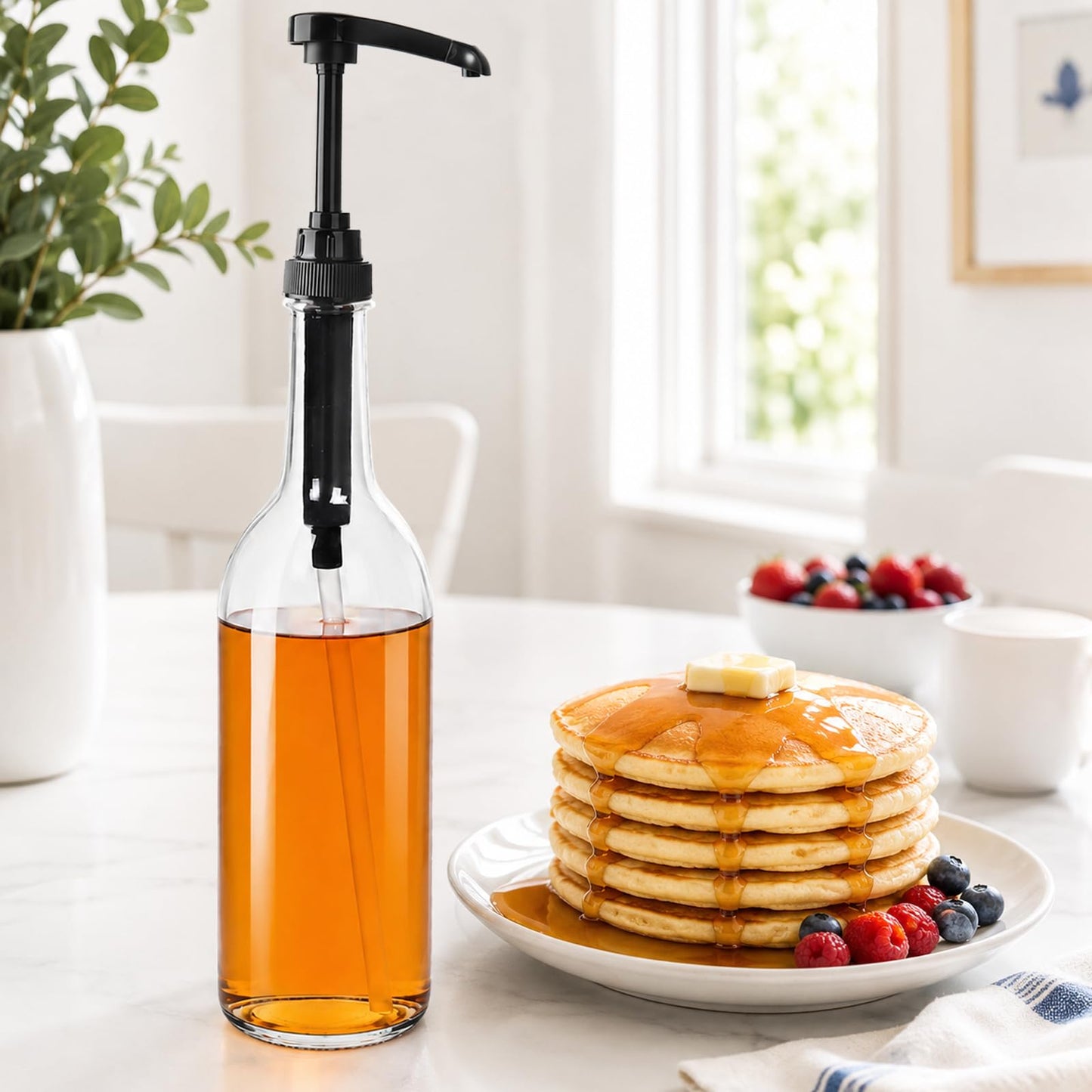 BPFY 3-Pack 25oz/750ml Round Glass Coffee Syrup Dispenser with Black Pump