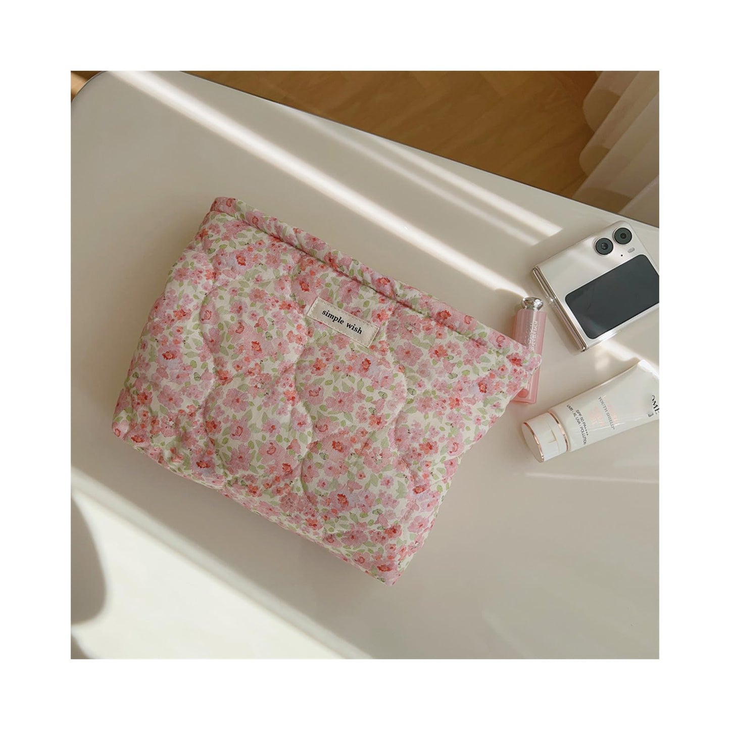 uekeboag Quilted Floral Cotton Makeup Pouch,Coquette Quilted Cosmetic Bag for Women and Girls, Aesthetic Organizer Bag, Flower Cute Travel Toiletry Bags(01Pink Little Flower)