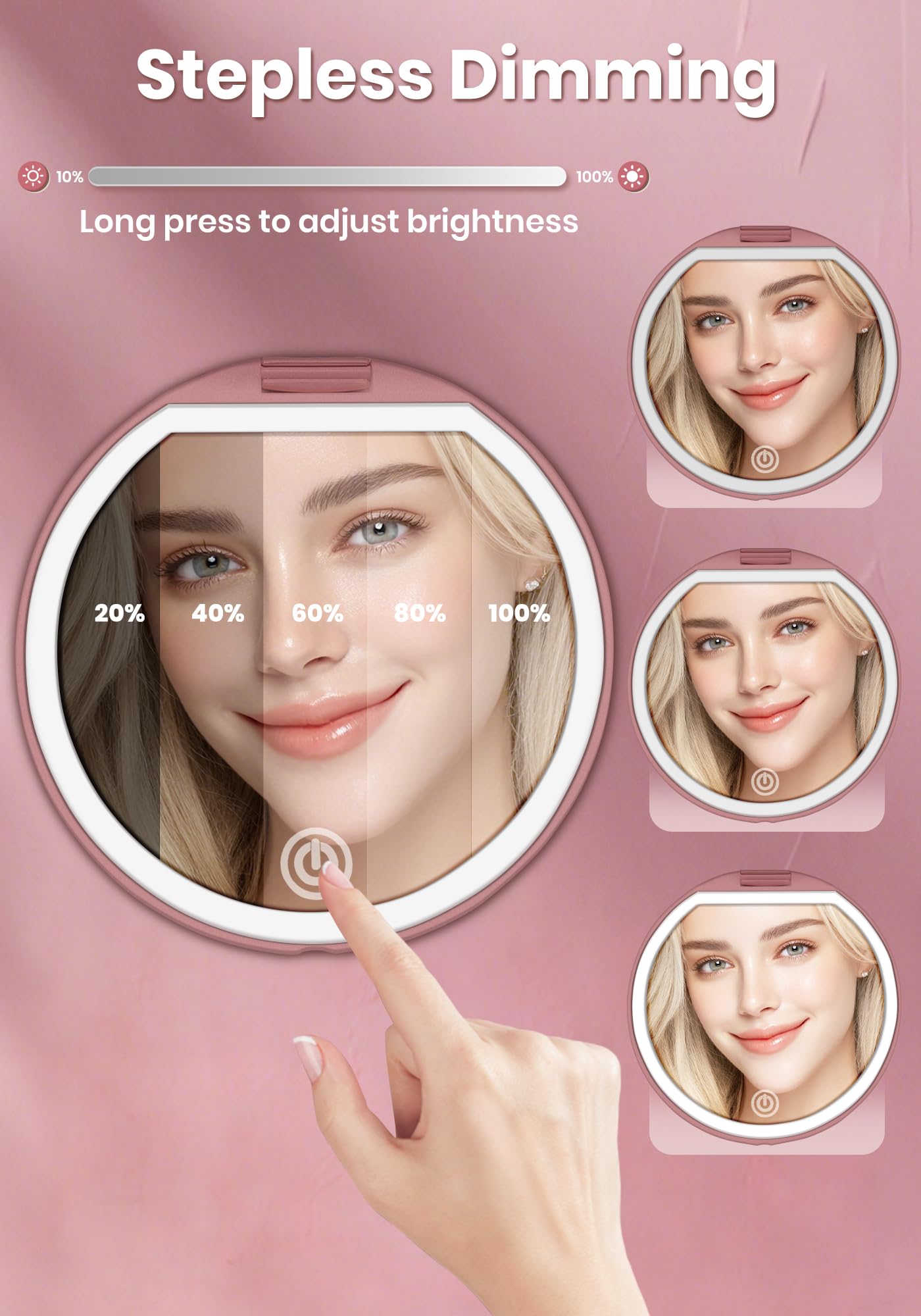 SisKokoro Compact Mirror with Light, Rechargeable 40X Magnifying Mirror with 3 Lighting Modes & Dimmable Brightness, Portable Travel Makeup Mirror; Essentials for Travel, Pocket, Purse Gifts Rose