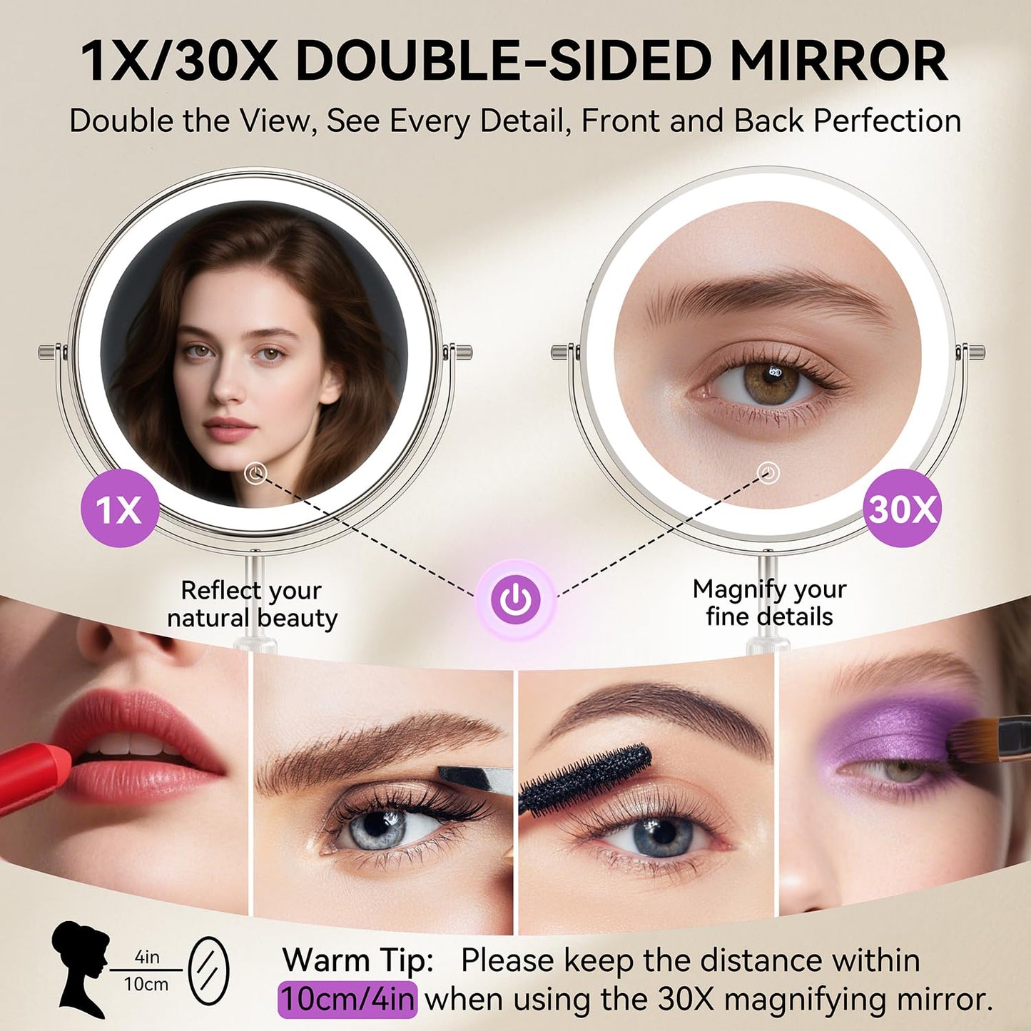 Auxmir 9" Large Lighted Makeup Mirror with Magnification, 1X/30X Double Sided Magnifying Mirror with Adjustable Height, Rechargeable Vanity Mirror with 3 Color Dimmable Lights, 360° Rotation