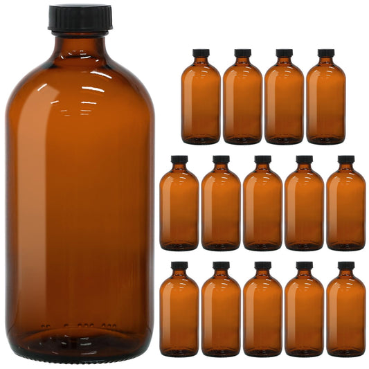 15 Pack 16oz Amber Glass Boston Round Bottles with Phenolic Polycone Caps – Airtight, Leak-Proof Brown Glass Containers for Kombucha Brewing, Storing Condiments, Essential Oils, and Homemade Solutions