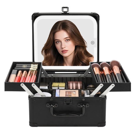 Chomeiu Makeup Bag with Mirror, Travel Train Case Large Cosmetic Organizer with 2 Trays and Vanity Mirror with LED Lights, Brush Holder Storage Box Suitcase for Nail Kits Cosmetics Craft, Black