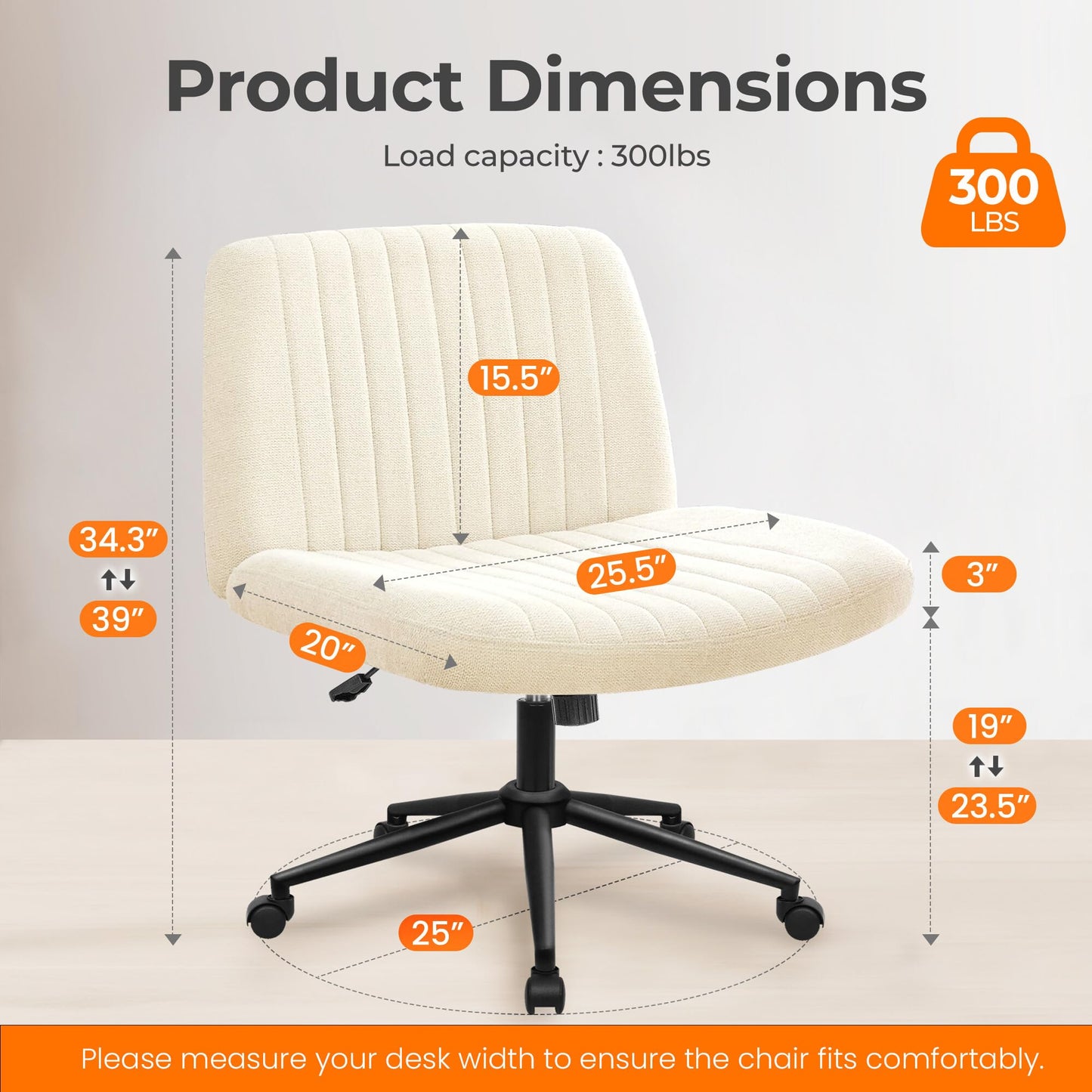 NEO CHAIR Criss Cross Chair with Wheels Armless Cross Legged Office Desk Wide Comfy Vanity Makeup Chair Adjustable Swivel Rolling Computer for Home Office Fabric (Beige)