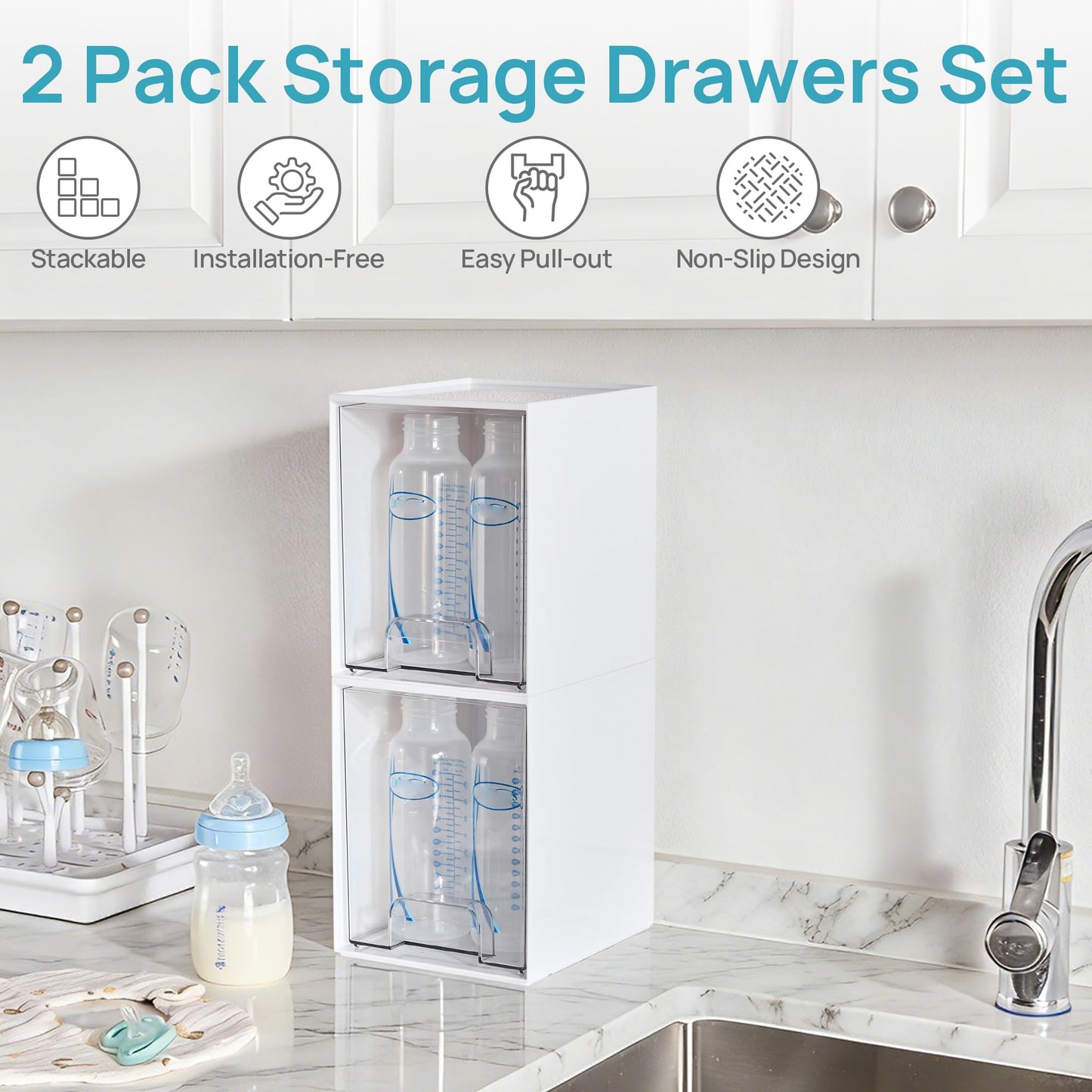 Vtopmart 2 Pack Stackable Storage Drawers, Plastic Organizers Bins for Baby Bottles, Skincare, Beauty Supplies, Ideal for Vanity, Bathroom, Kitchen Countertop, Cabinet Orga