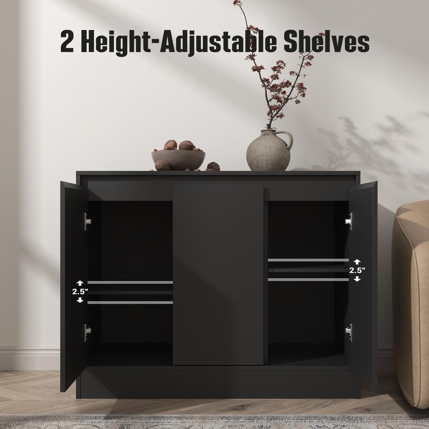 Housoul Buffet Cabinet with 3 Doors, Modern Kitchen Buffet Sideboard, Wood Coffee Bar Cabinets with Adjustable Shelf for Living Room, Dining Room, Entryway, Black