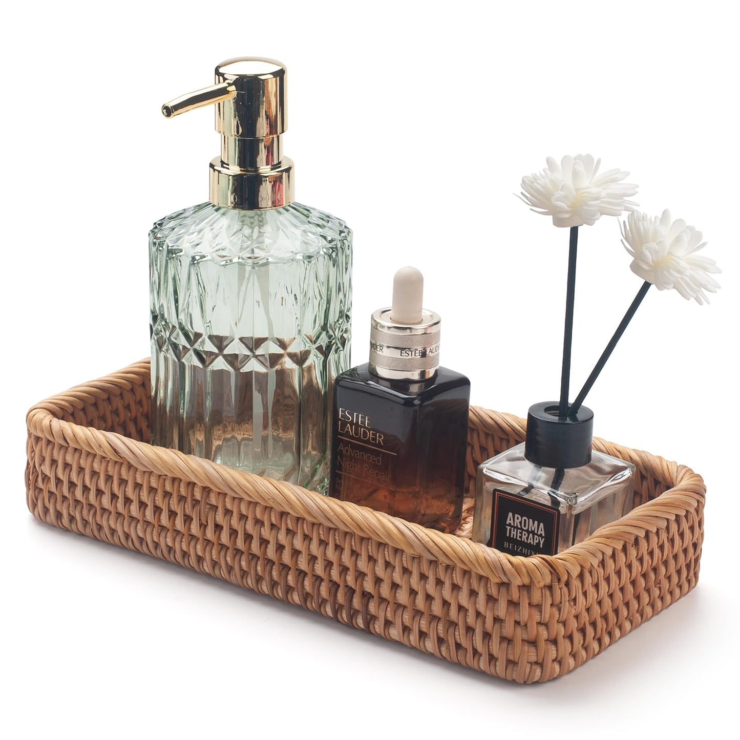 Rattan Bathroom Vanity Tray, Toilet Tank Tray, Toilet Basket Tank Topper, Bathroom Basket for Organizing and Decor (Natural, 10.2" x 4.9" x 1.6")