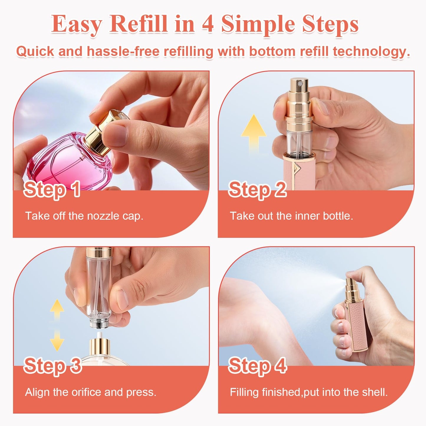 Coxotom Refillable Travel Perfume Bottle – Fine Mist Atomizer, Bottom Fill, Genuine Leather Shell, TSA Approved, For Daily Refresh & Travel (Orange, 5ml)