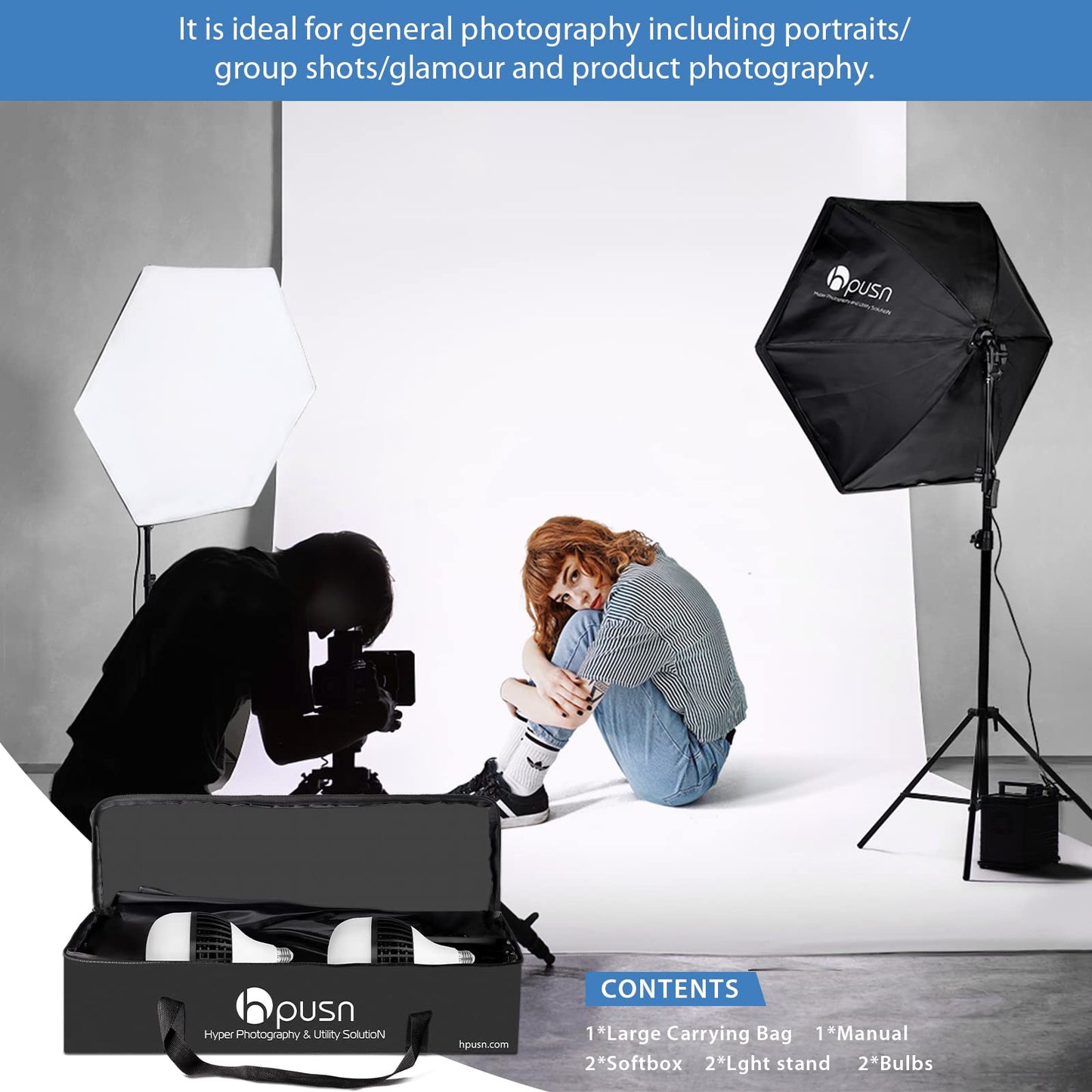 HPUSN Softbox Photography Lighting Kit, 30"X30" Softbox Lighting Kit, 2pcs E27 Socket 5400K LED Bulb, Photo Studio Light for Portrait Lighting, Photography/Video Recording/Live Streaming/YouTube