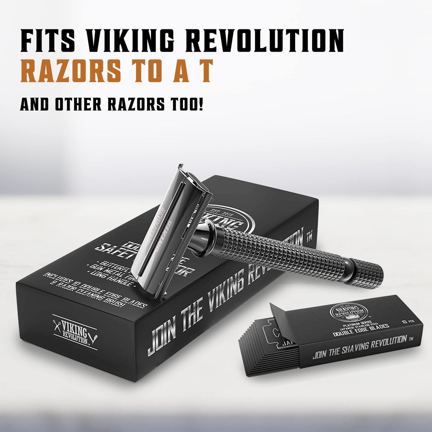 SHAVING REVOLUTION Black Long Handle Double Edge Safety Razor with 60 Platinum Japanese Stainless Steel Blades – Close, Smooth, and Precise Shave for Men, Easy Blade Replacement. With Cleaning Brush.