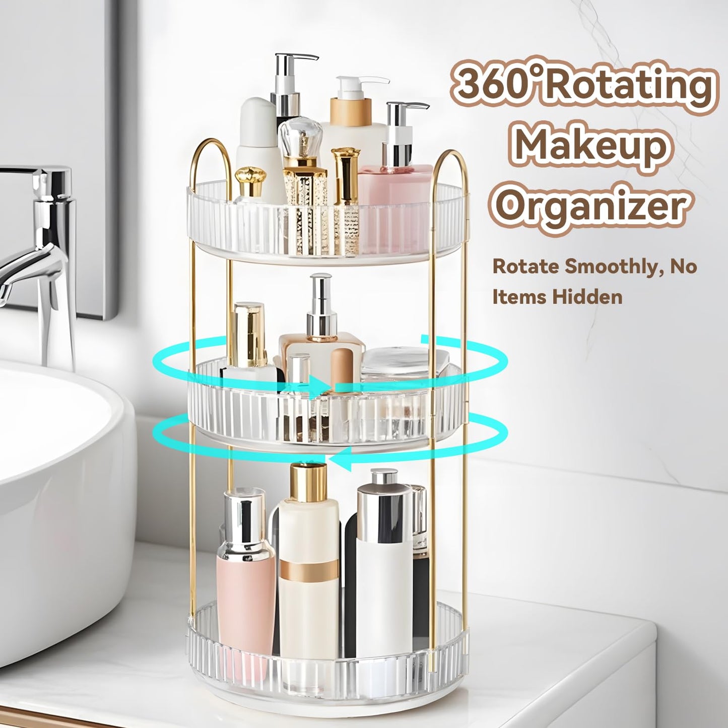 360° Rotating Makeup Organizer for Vanity, 3 Tier Perfume Organizers Skincare Organizers and Storage for Bathroom Countertop, Spinning Cosmetic Organizer for Bedroom Dresser Counter (Clear)