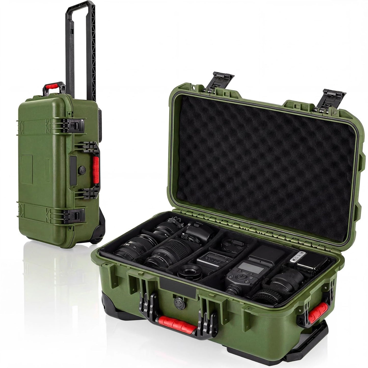 Relaxweex Rolling Camera Hard Case with Padded Dividers & Wheels, Impact-resistant Hard Shell Travel Case for Cameras, Lenses & Accessories(22 x 14 x 9 Inch,Military Green)