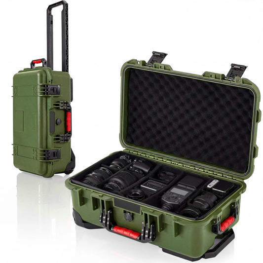 Relaxweex Rolling Camera Hard Case with Padded Dividers & Wheels, Impact-resistant Hard Shell Travel Case for Cameras, Lenses & Accessories(22 x 14 x 9 Inch,Military Green)